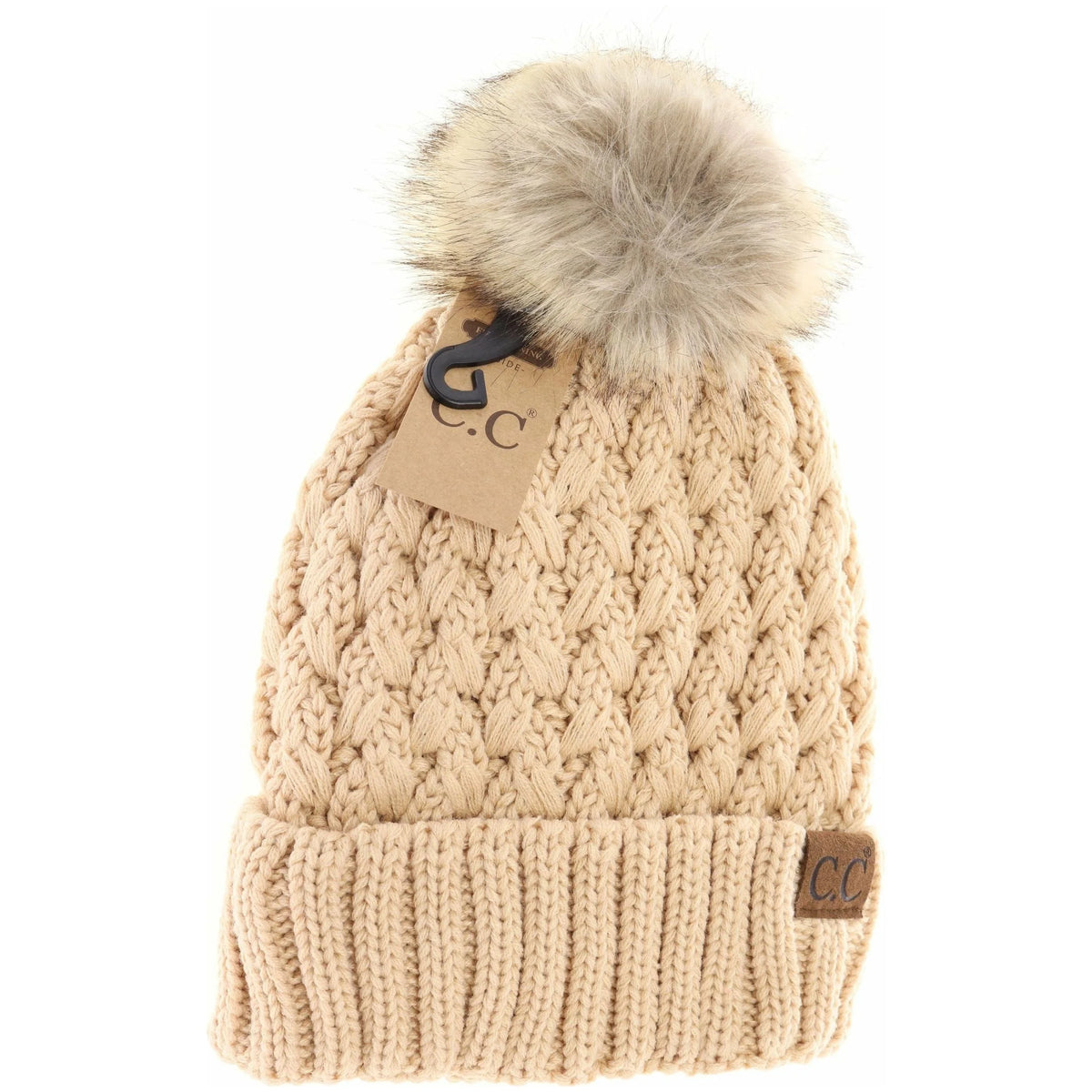 Solid Lattice Stitch Fur Pom Beanie