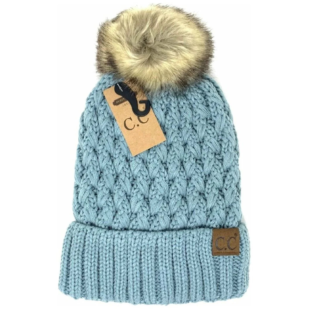 Solid Lattice Stitch Fur Pom Beanie