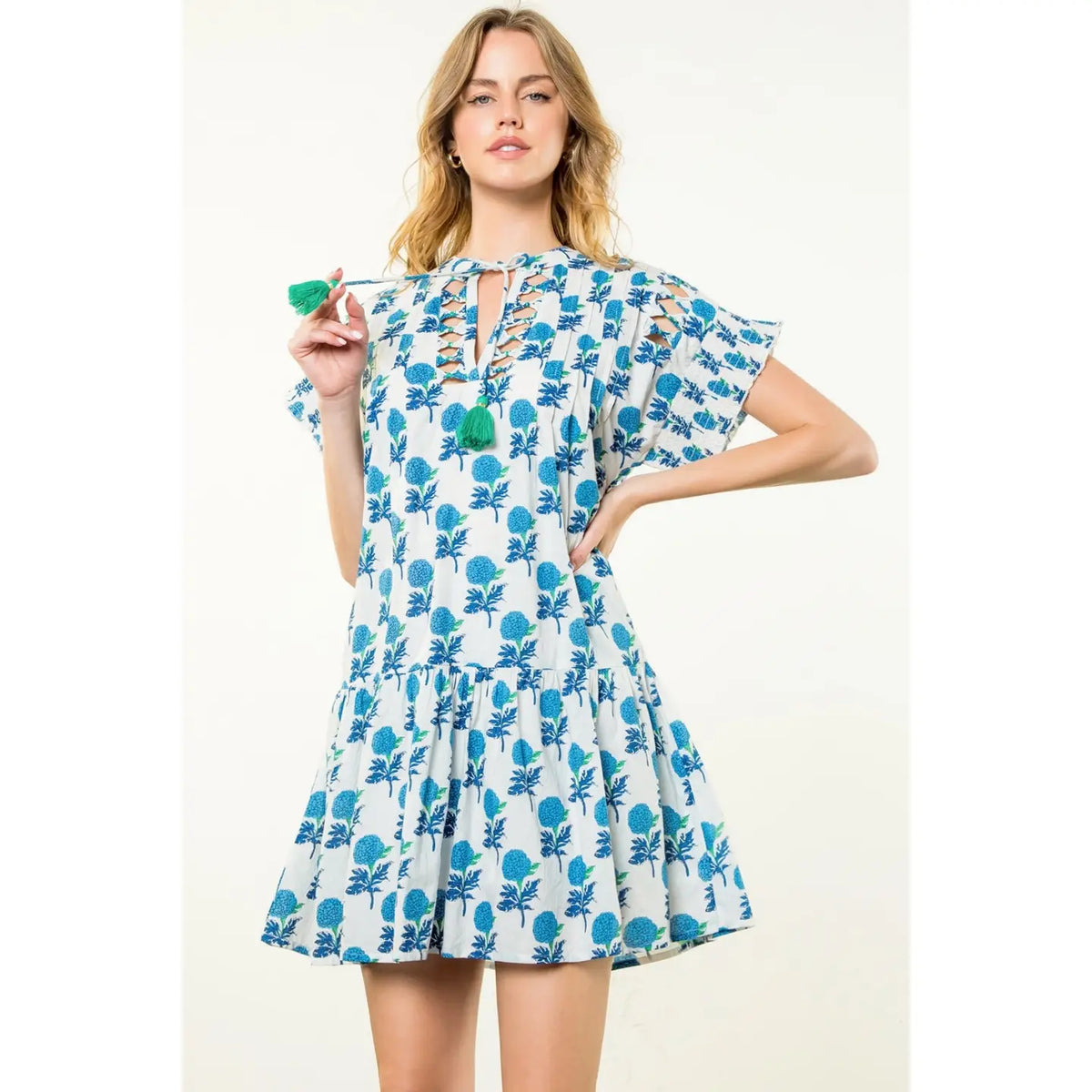 Short Sleeve Tassel Tie Floral Dress