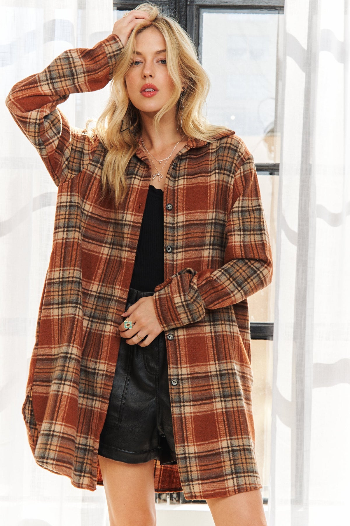 Multicolor Long Plaid Shacket