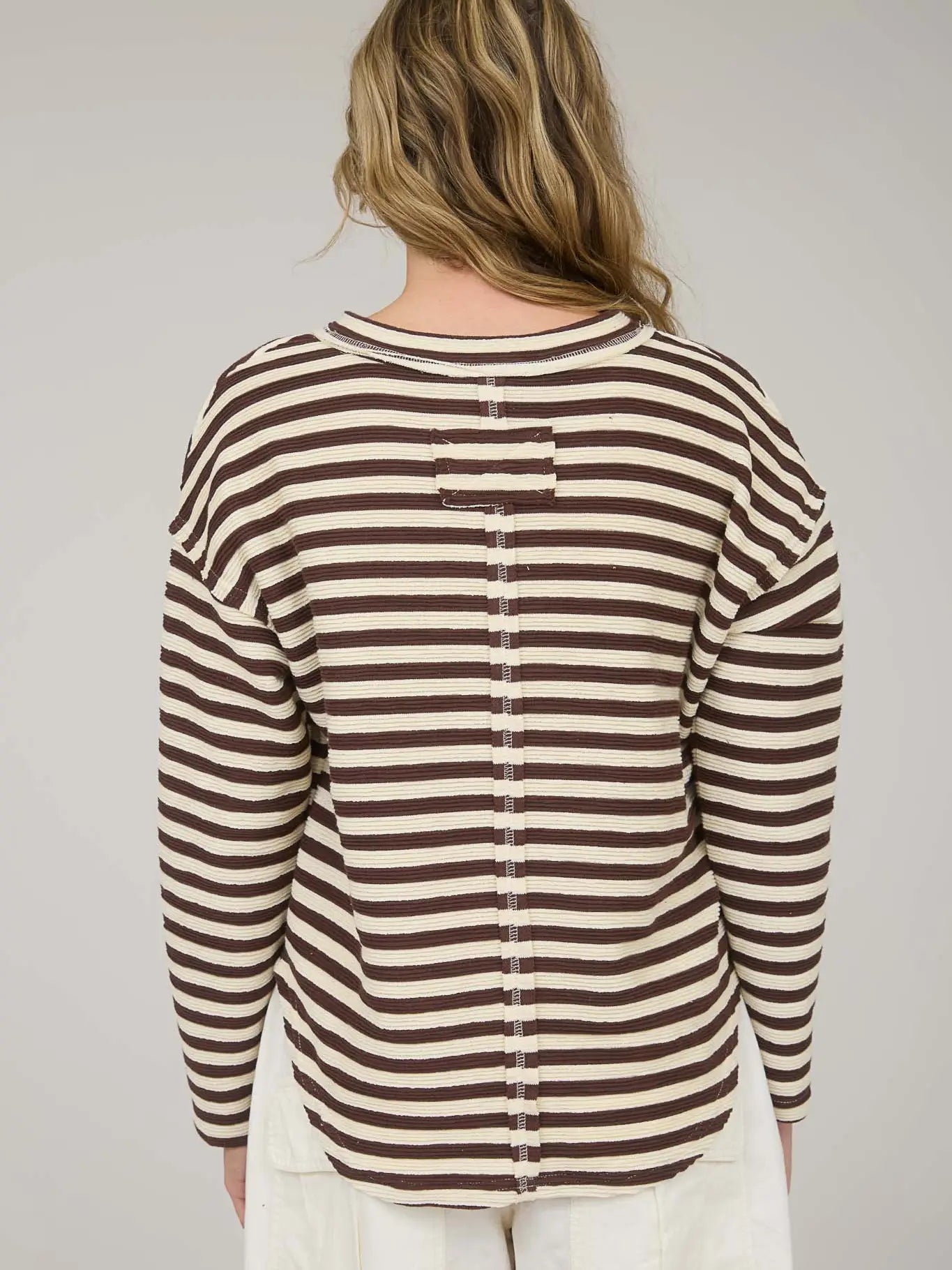 Textured Stripe Split Neck Long Sleeve