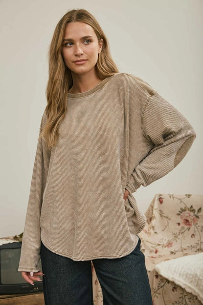 Boxy Textured Long Sleeve Washed Knit Top