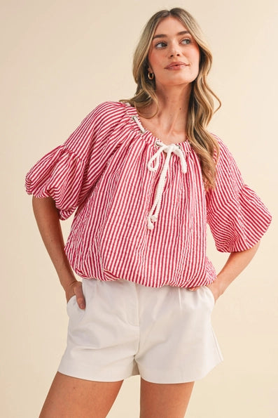 Striped Bubble Top with Grommet Neckline