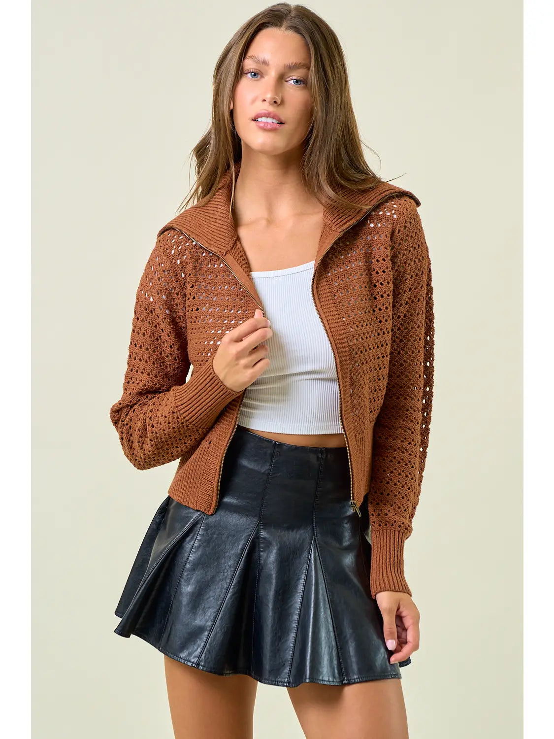 Zip Up Open Knit Pointelle Cardigan