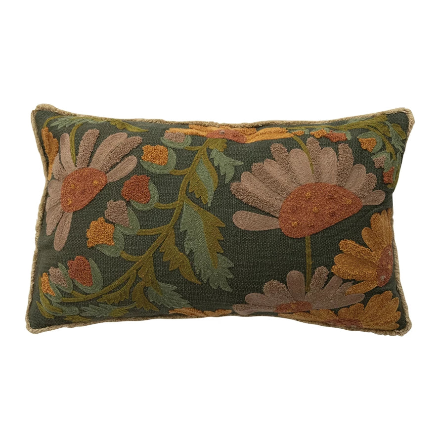 Cotton Slub Embroidered Pillow with Flowers