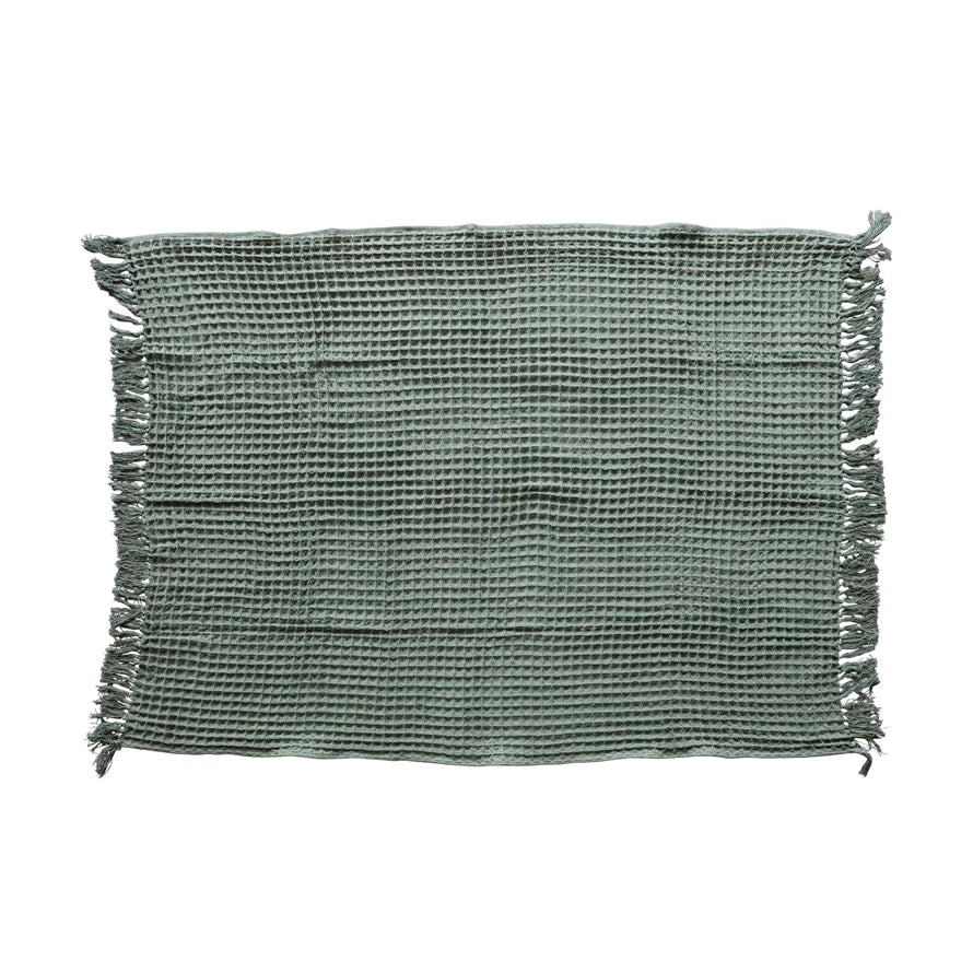 Waffle Weave Throw with Fringe (Green)