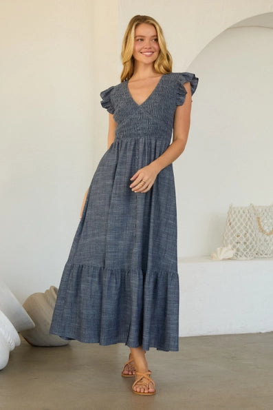 Smocked Flutter Sleeve Chambray Midi Dress