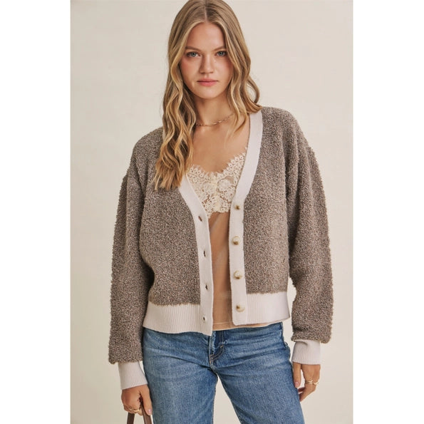 Cozy Contrast Recycled Boucle Button Down Cardigan