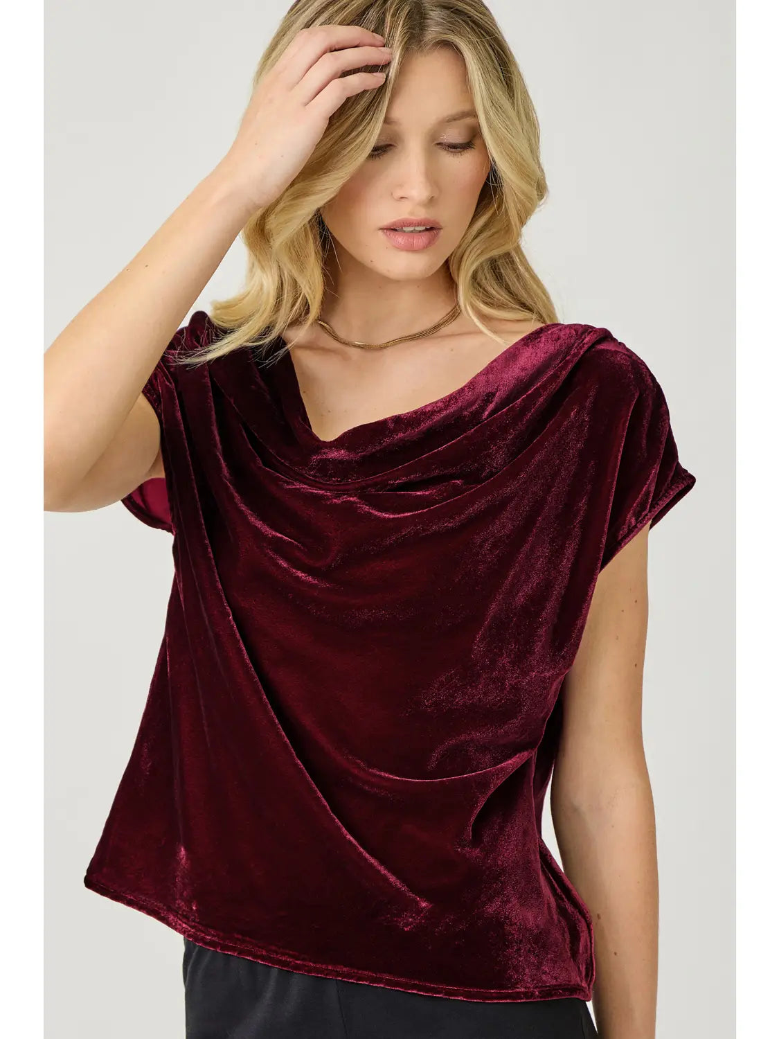 Velvet Cowl Neck Cap Sleeve Top