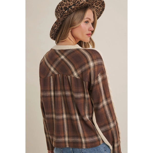Woodland Plaid Back Mixed Media Cable Sweater