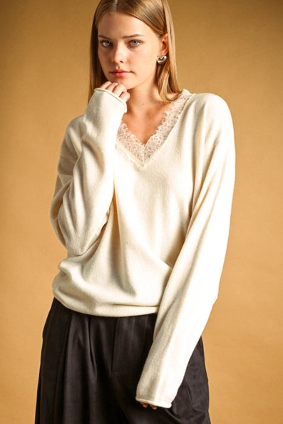 Long Sleeve Lace Contrasted Knit Top