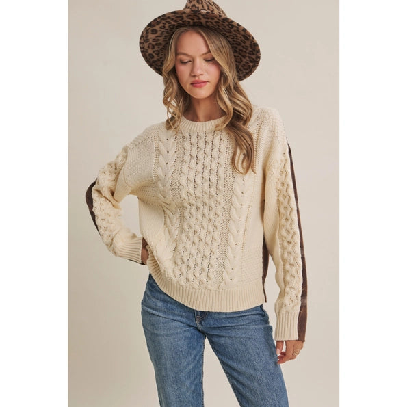 Woodland Plaid Back Mixed Media Cable Sweater