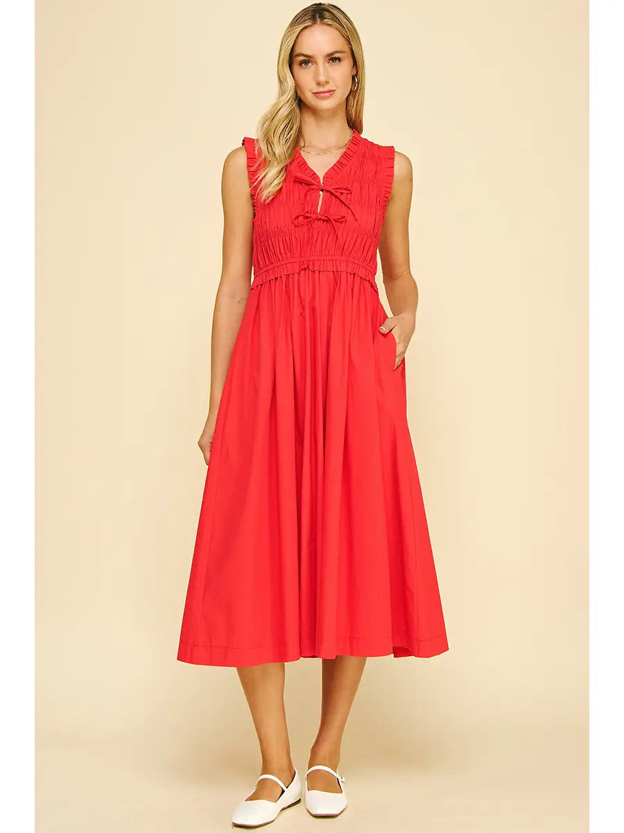 Front-Tie Detailed Smocking Midi Dress