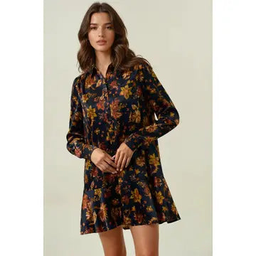 Dark Floral Button Front Drop Waist Mini Dress