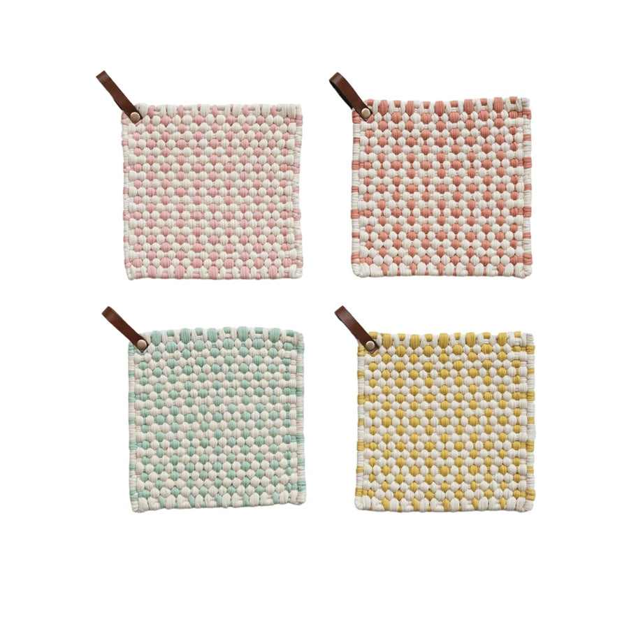Summer Cotton Crocheted Pot Holder w/ Leather Loop