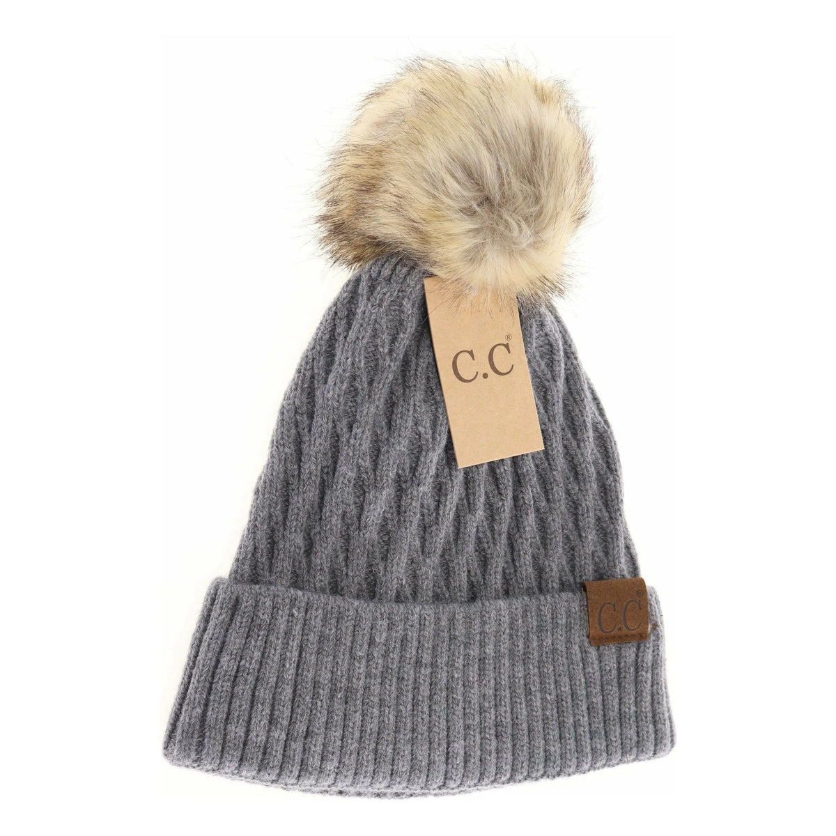 Solid Honey Comb Fur Pom CC Beanie