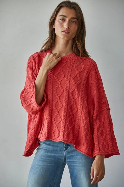 Knit Cable Cotton 3/4 Sleeve Sweater