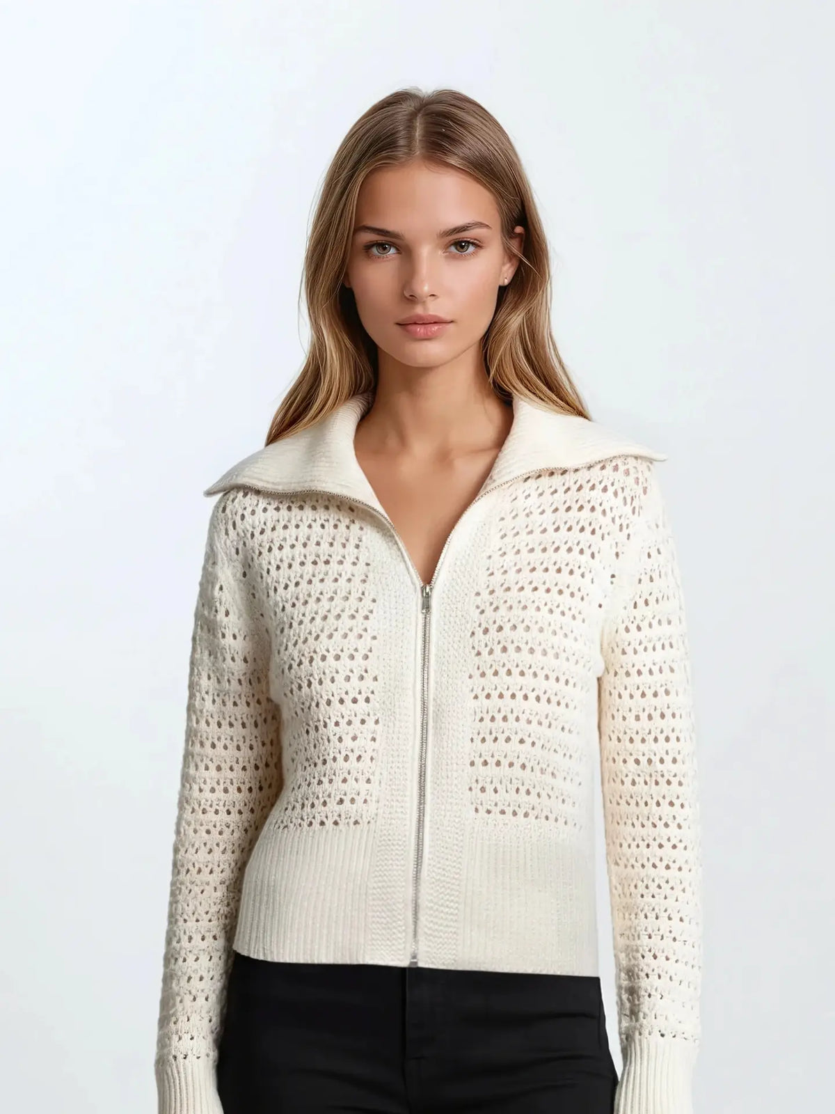 Zip Up Open Knit Pointelle Cardigan