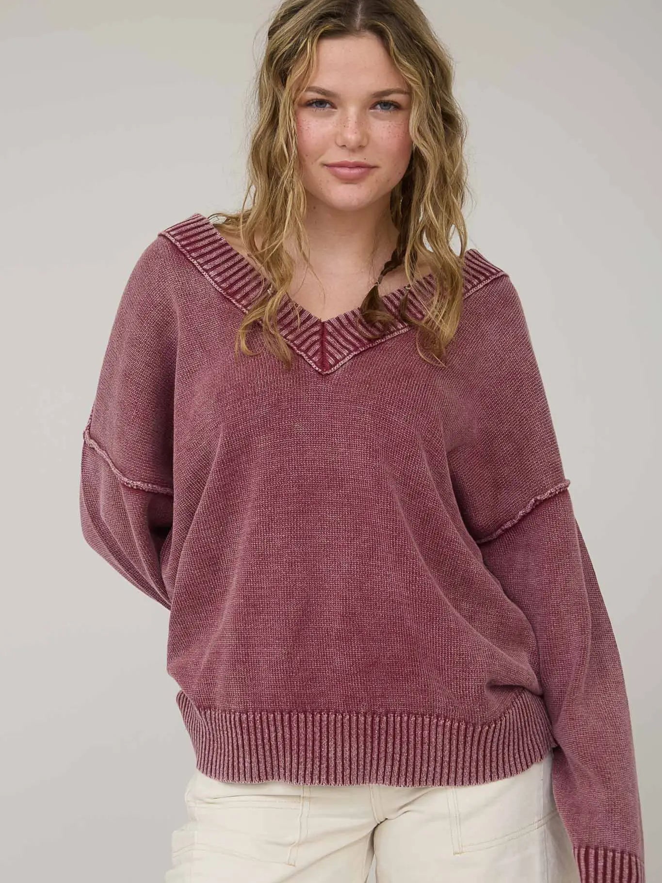 Washed V Neck Long Sleeve Oversized Knit Sweater