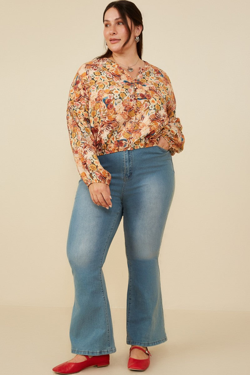 Fall Floral Button Up Blouse-Plus