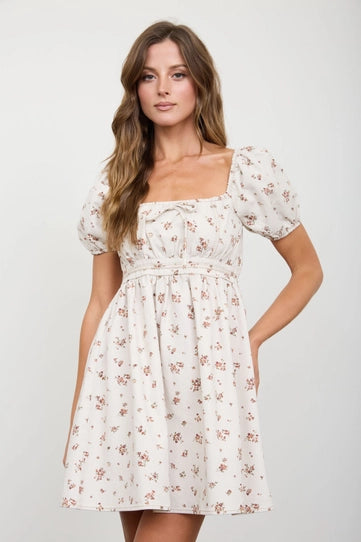 Ditsy Floral Puff Sleeve Sqare Neck Mini Dress
