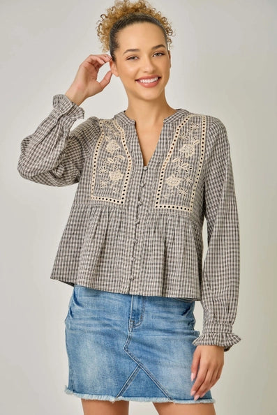 Embroidered Gingham Peplum Blouse