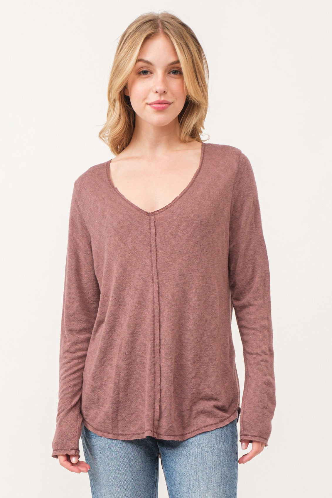 Slub V-Neck Raw Edge Long Sleeve