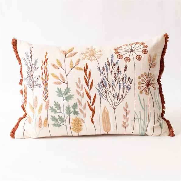 Embroidered Meadow Flowers Lumbar Pillow