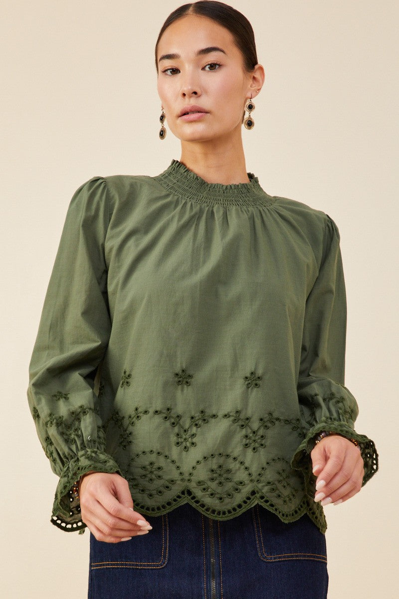 Eyelet Detail Mock Neck Blouse