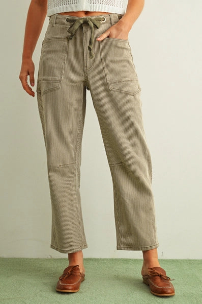 Striped Pattern Washed Barrel Pants w/belt