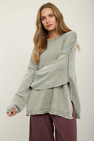 Washed Raw Edge Crew Neck Drop Sleeve Sweater