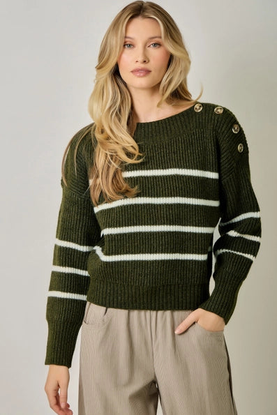 Shoulder Buttoned Stripe Sweater