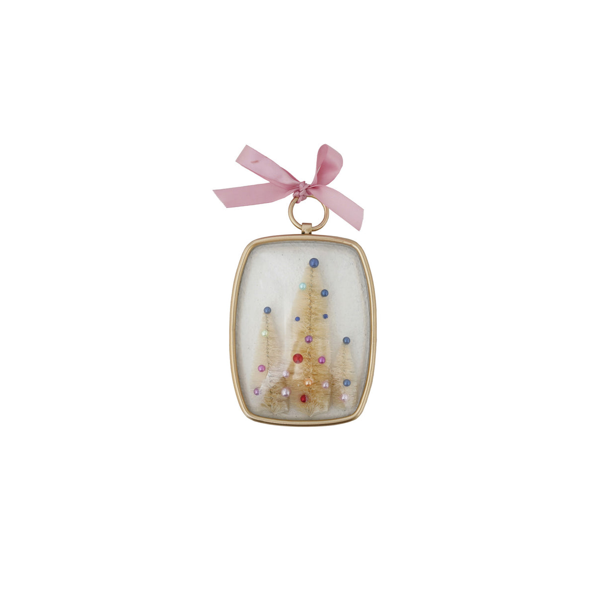 Whimsical Convex Metal Ornament with Bottle Brush Trees