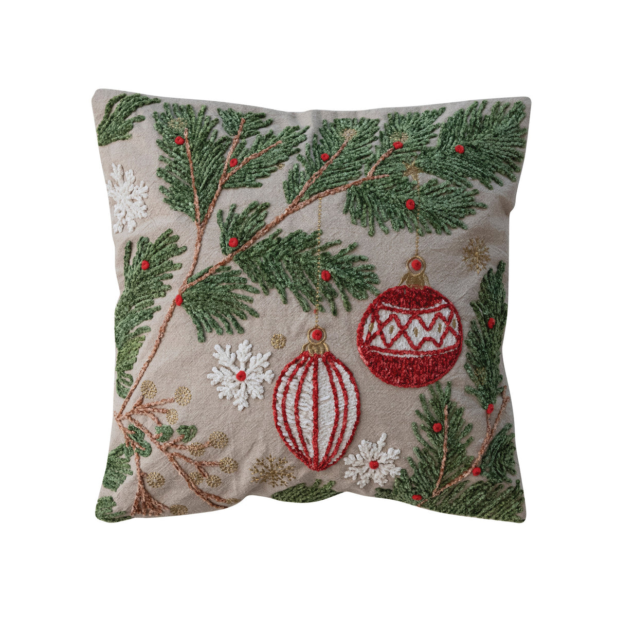 18" Square Cotton Pillow with Embroidered Pine Boughs, Ornaments &amp; Snowflakes