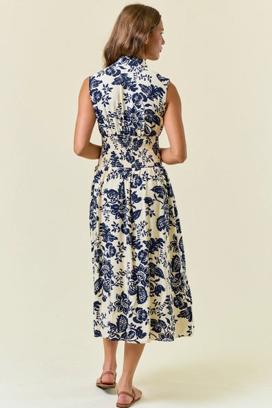 Paisley V-Neck Smocked Waist Zip Front Midi Dress
