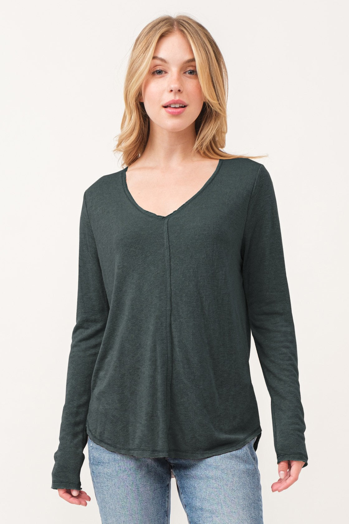 Slub V-Neck Raw Edge Long Sleeve