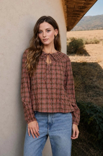 Plaid Shirred Yoke Front Tie Long Sleeve Top