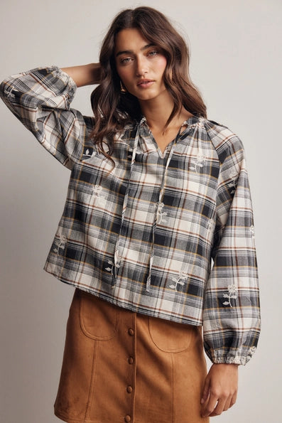 Embroidered Plaid Tie Neck Blouse