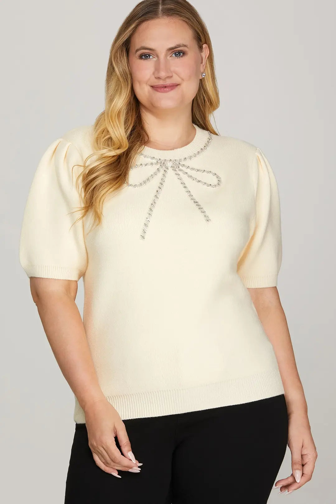Half Sleeve Beaded Bow Sweater