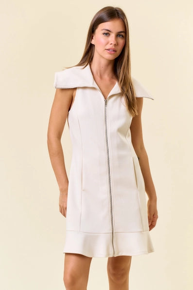 Point Collar Front Zip-Up Mini Dress