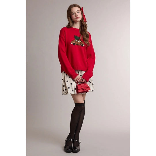 Christmas Tree Car Graphic Crew Knit Sweater