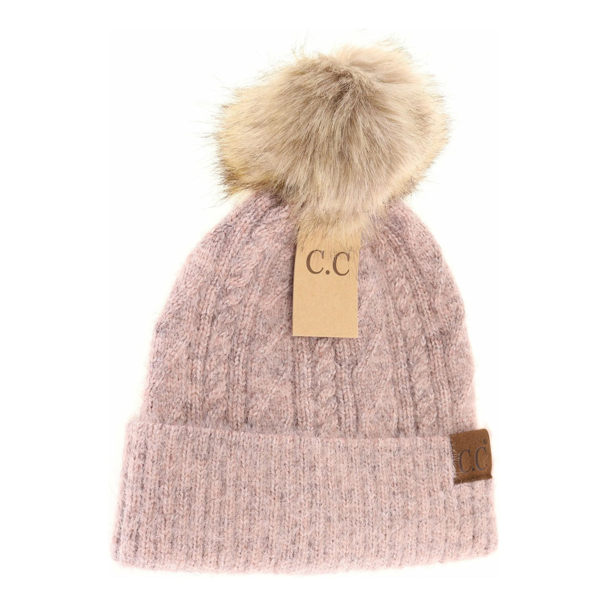 Soft Cuff Cable Knit Fur Pom CC Beanie