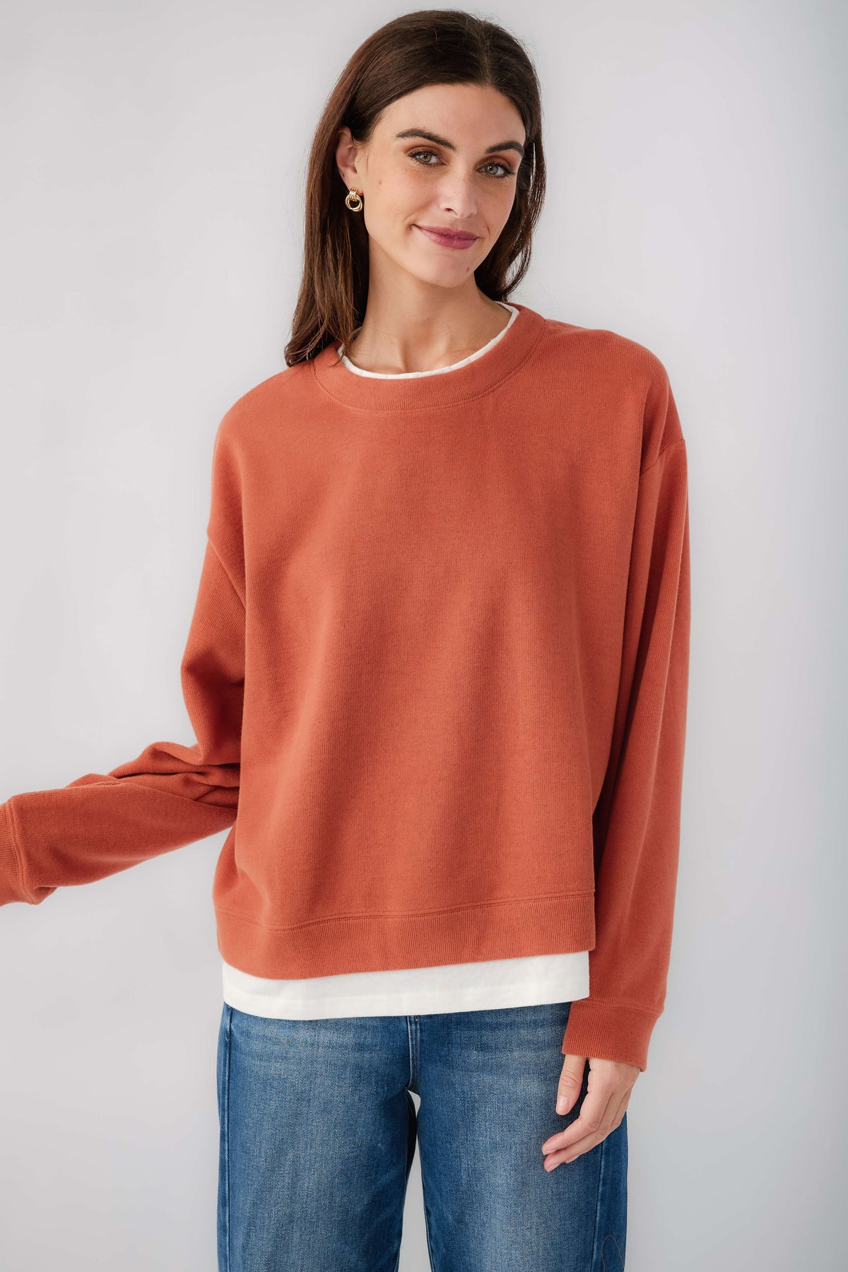 Knit Cotton Polyester Crew Neck Sweatshirt Top