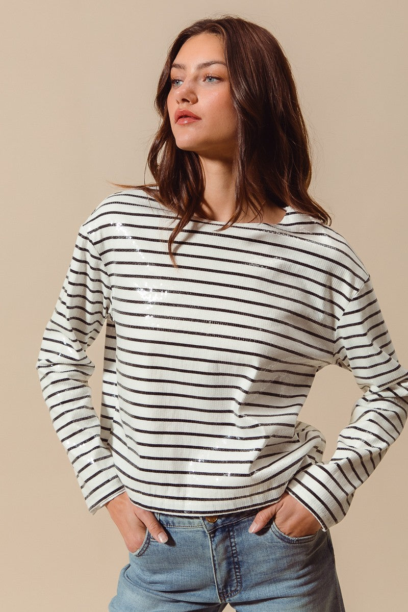 Clear Sequins Holiday Stripe Knit Top