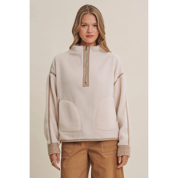 Cozy Cabin Gingham Trim Sherpa Half Zip