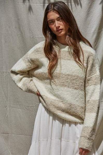 Knit Sweater Striped Crew Neck Textured Pullover