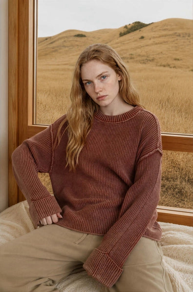 Washed Ribbed Long Sleeve Folded Cuff Knit Sweater