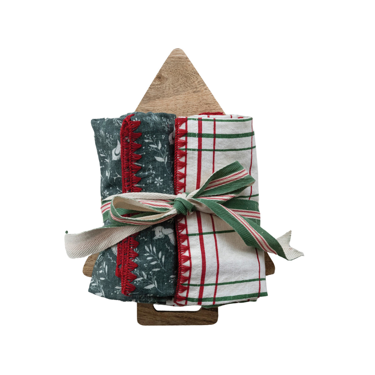 Tea Towels &amp; Mango Wood Tree Serving Board Gift Set