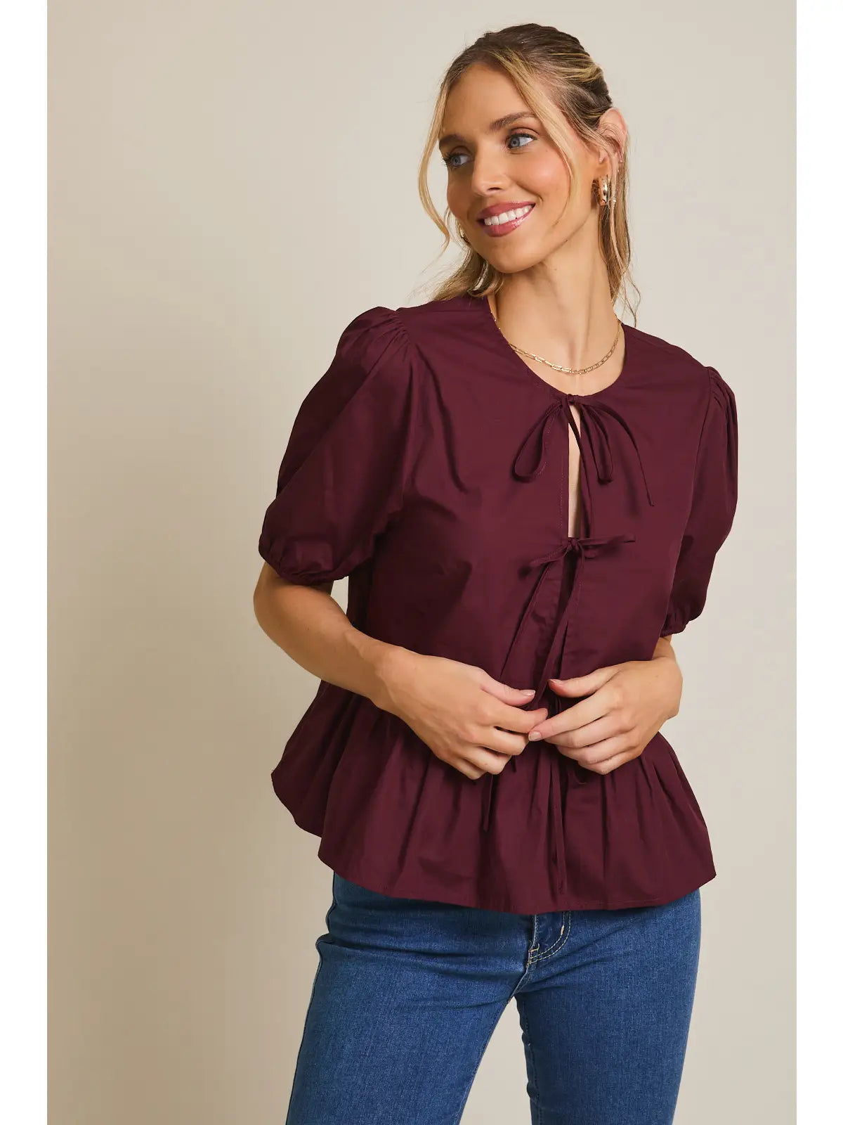 Front Ties Puff Half Sleeve Blouse