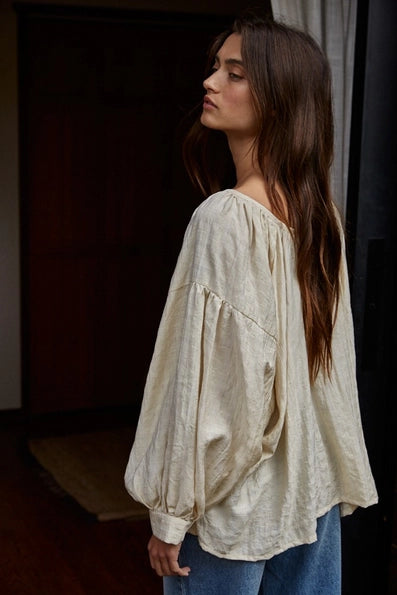 Woven Rayon Tencel Scoop Neck Long Sleeve Blouse Top